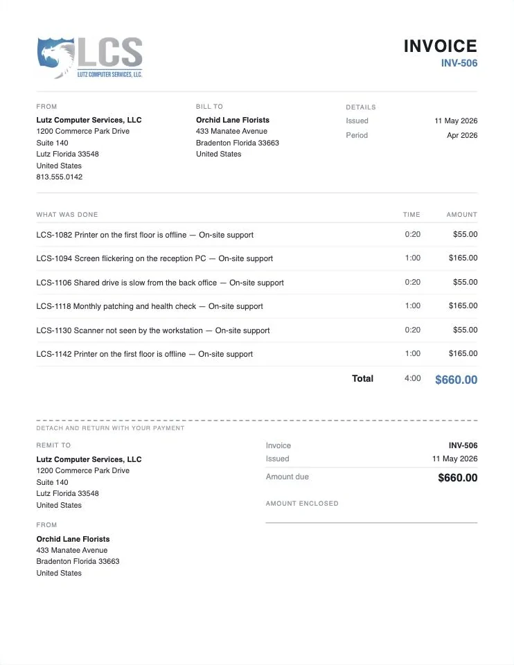 A ServiceStack invoice on our own letterhead, itemized by ticket, with a tear-off remittance slip