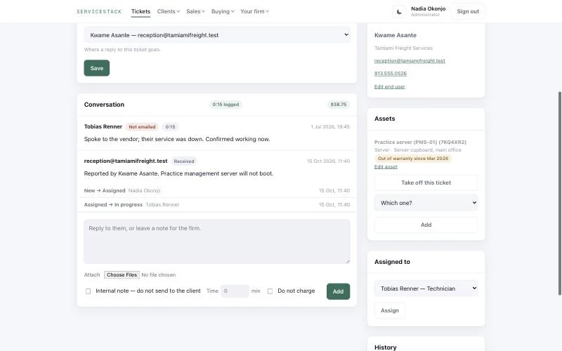 A ServiceStack ticket, with the conversation, the time logged, who reported it and the kit involved